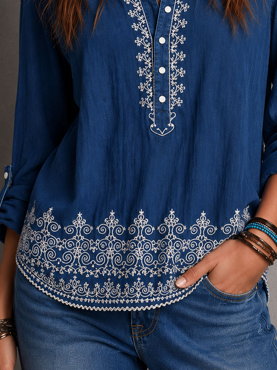 Boho Indigo Denim Embroidered Roll Tab Sleeves Blouse