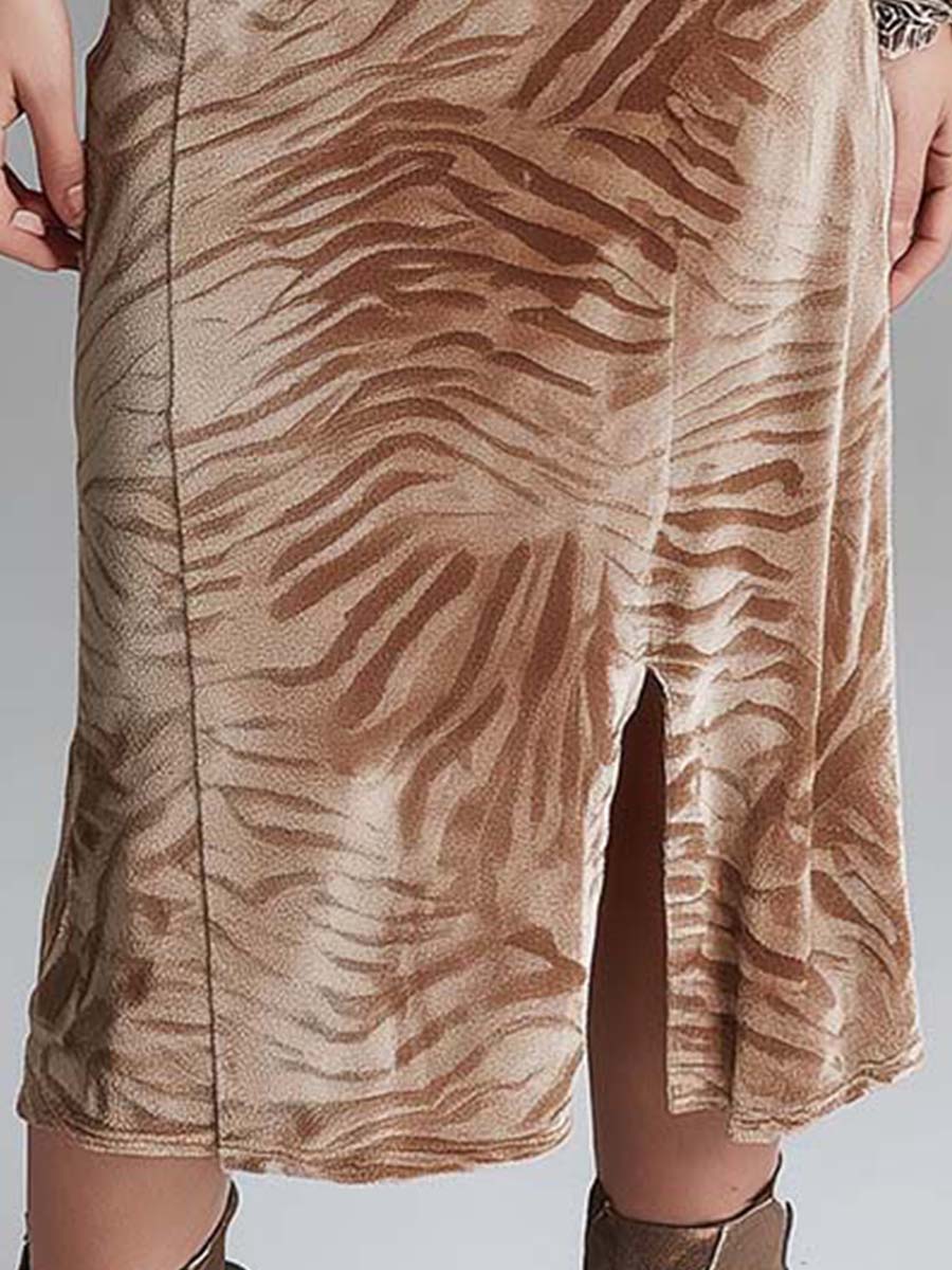 Khaki Zebra Print Slim Fit Slit Hem Dress