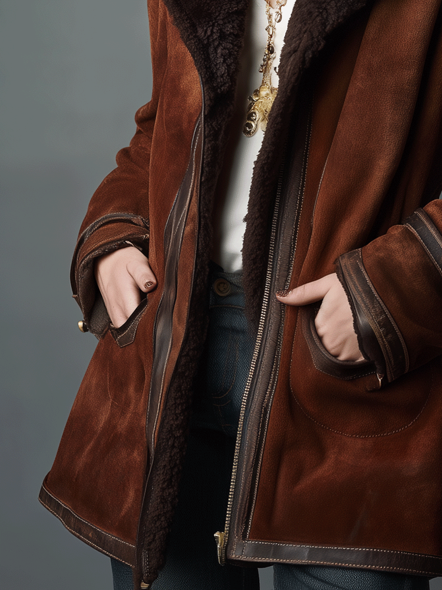 Bohemian Style Faux Suede Cocoa Color Winter Coat