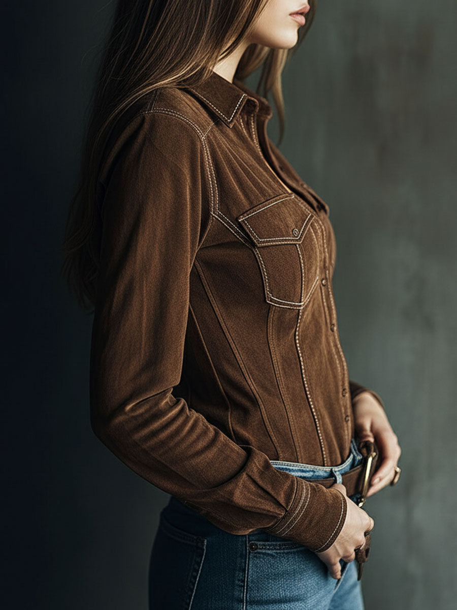 Western Brown Microsuede Button-Up Shirt With Pockets