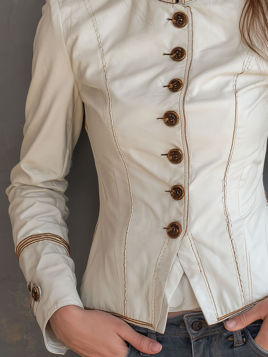 Retro Stand Collar Topstitched Pu Jacket