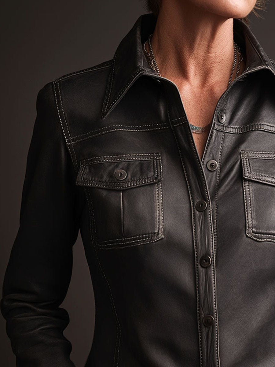 Black Eco Leather Contrast Stitching Shirt Jacket With Pockets