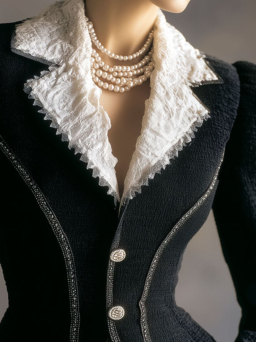 Vintage Baroque Black & White Lace Lapel Couture Blazer