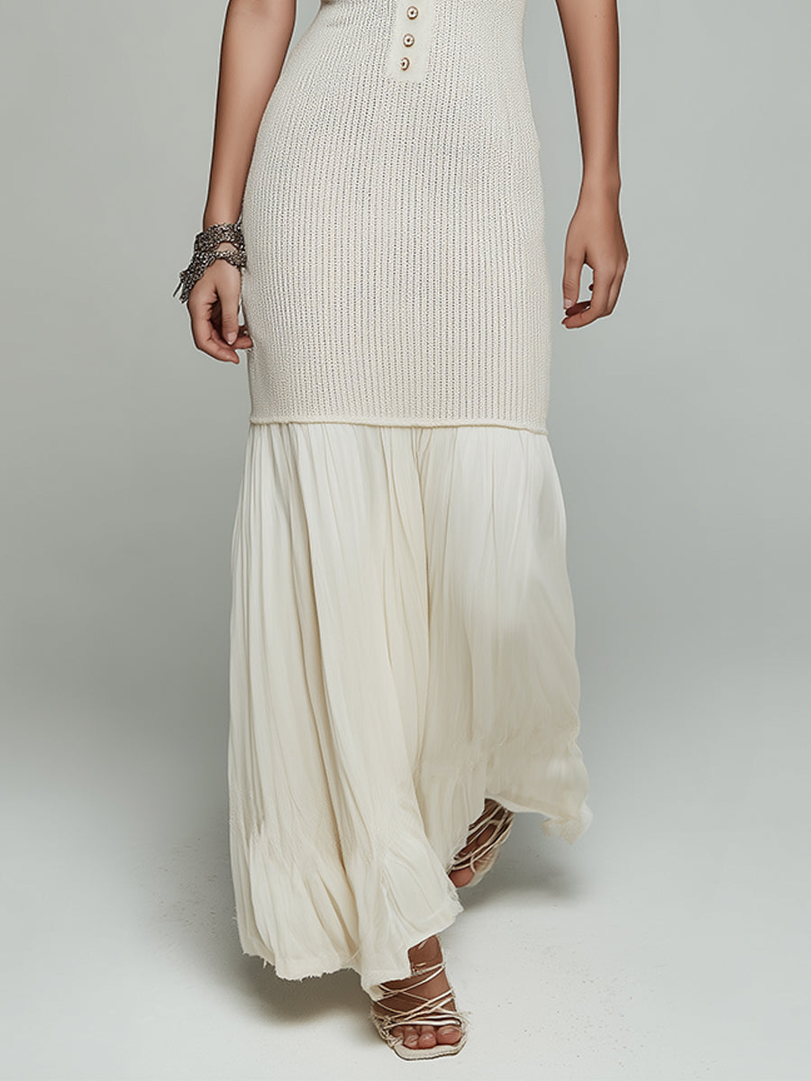 Vintage Knitted And Chiffon Patchwork Slip Dress