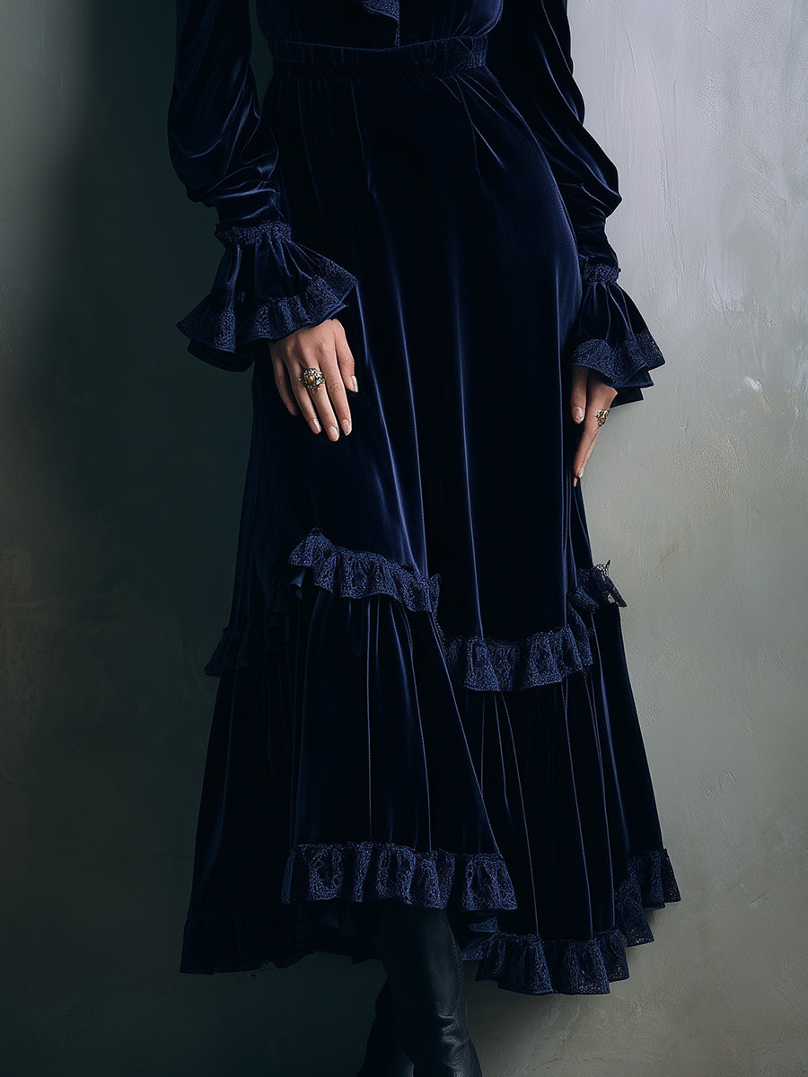 Retro Velvet Lace Ruffle Neckline Midi Dress