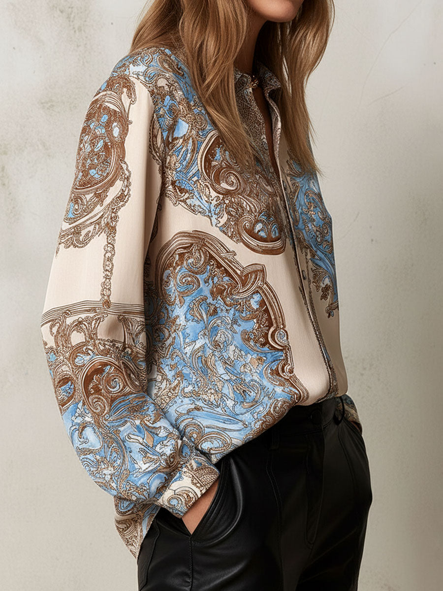 Vintage Baroque Pattern Print Satin Button-Down Shirt