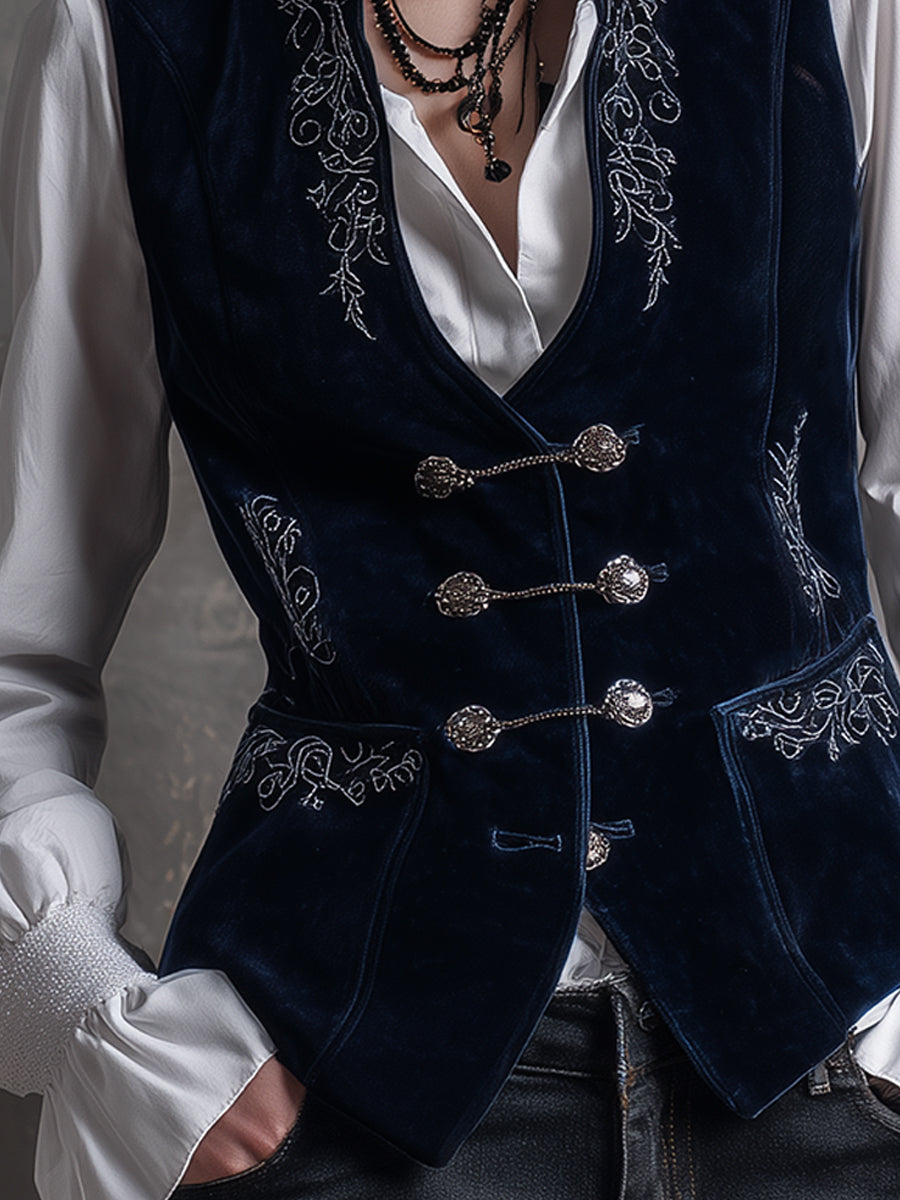 Vintage Embroidered Chain-embellished Polyester Velvet Vest
