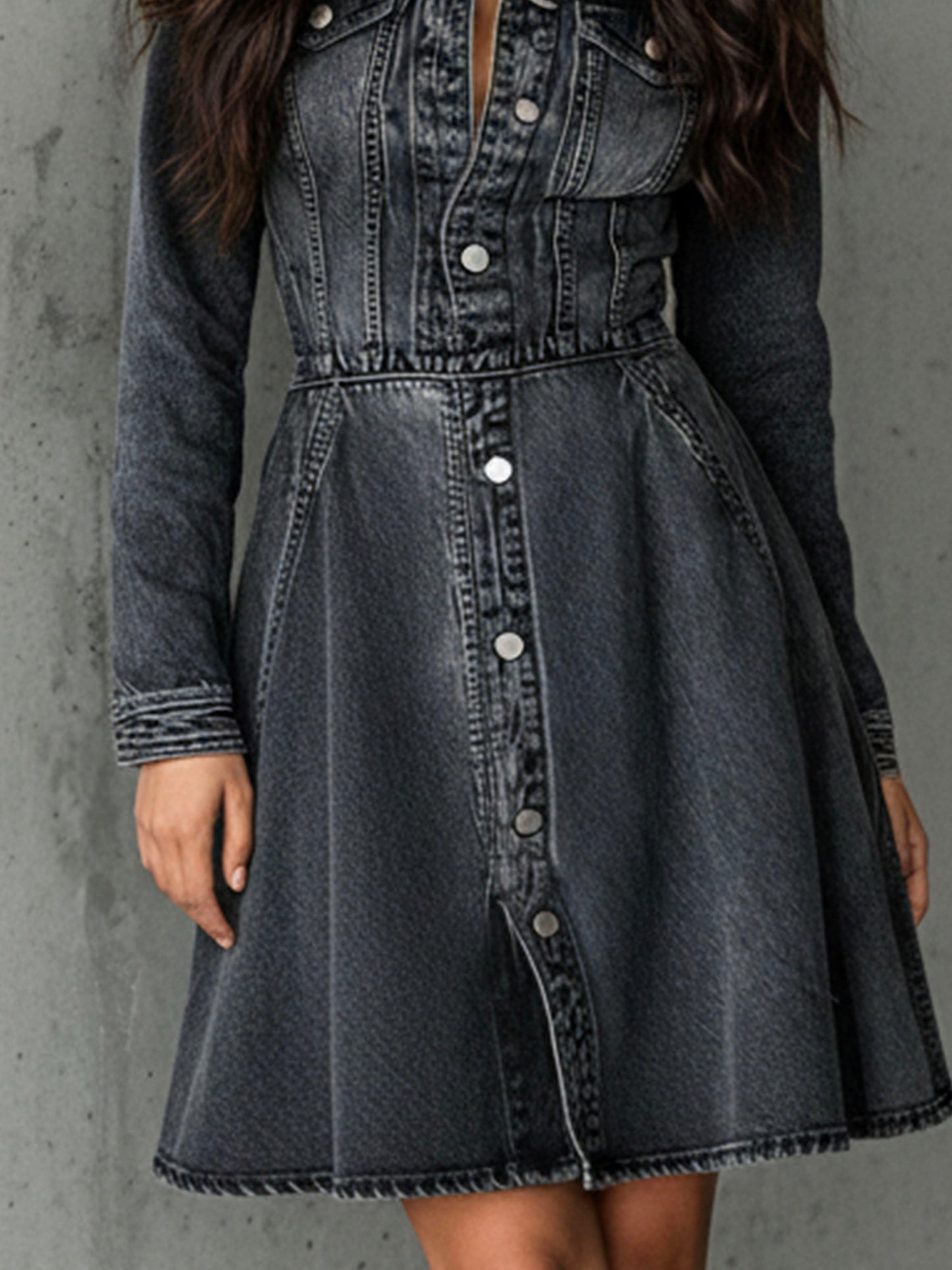 Chic Washed Black Denim A-Line Shirt Dress