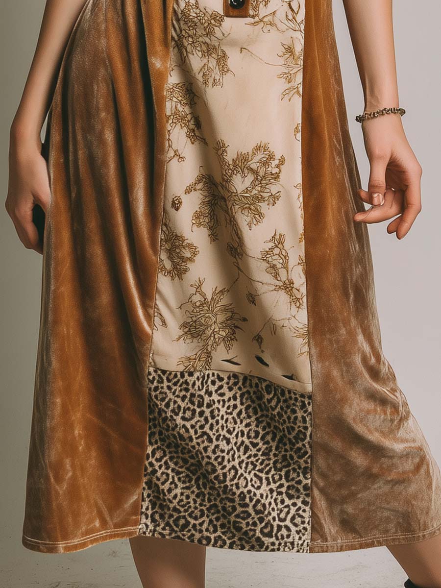 Vintage Velvet Leopard Floral Patchwork Print Shirt Midi Dress