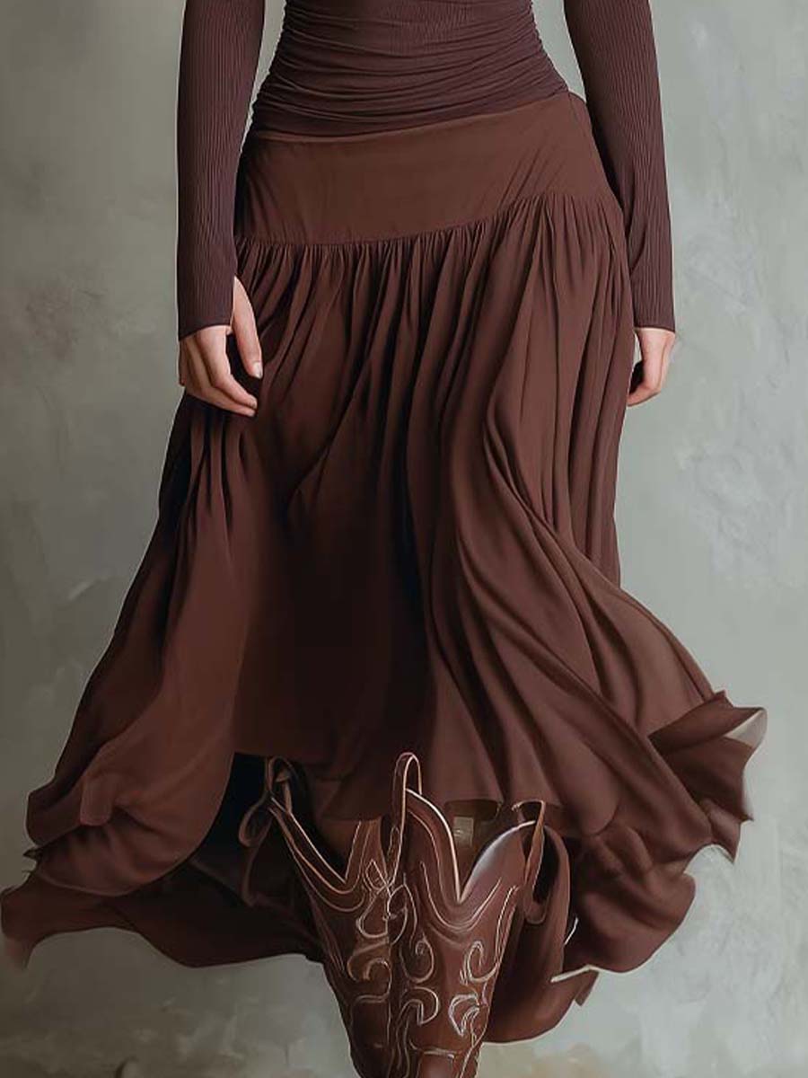 Ribbed Knit And Chiffon Paneled Maxi Dress