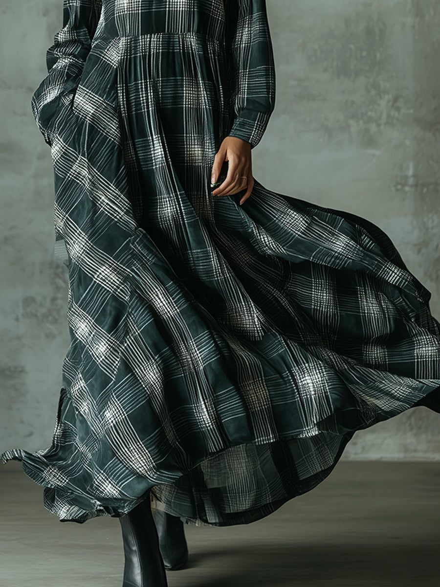 Retro Cotton-blend Plaid Printed Loose Maxi Dress