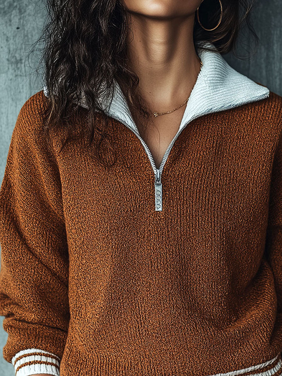 Retro Stripe Brown Half-Zip Pullover Sweater With Contrast Collar
