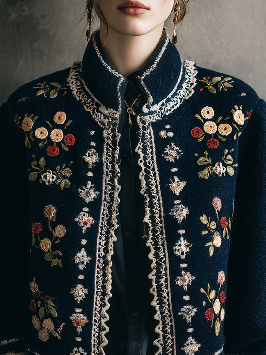 Vintage Bohemian Floral Embroidered Wool Jacket With Lace Trim