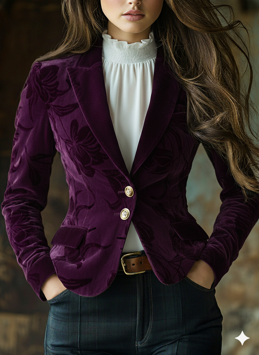 Elegant Deep Plum Floral Embossed Velvet Blazer