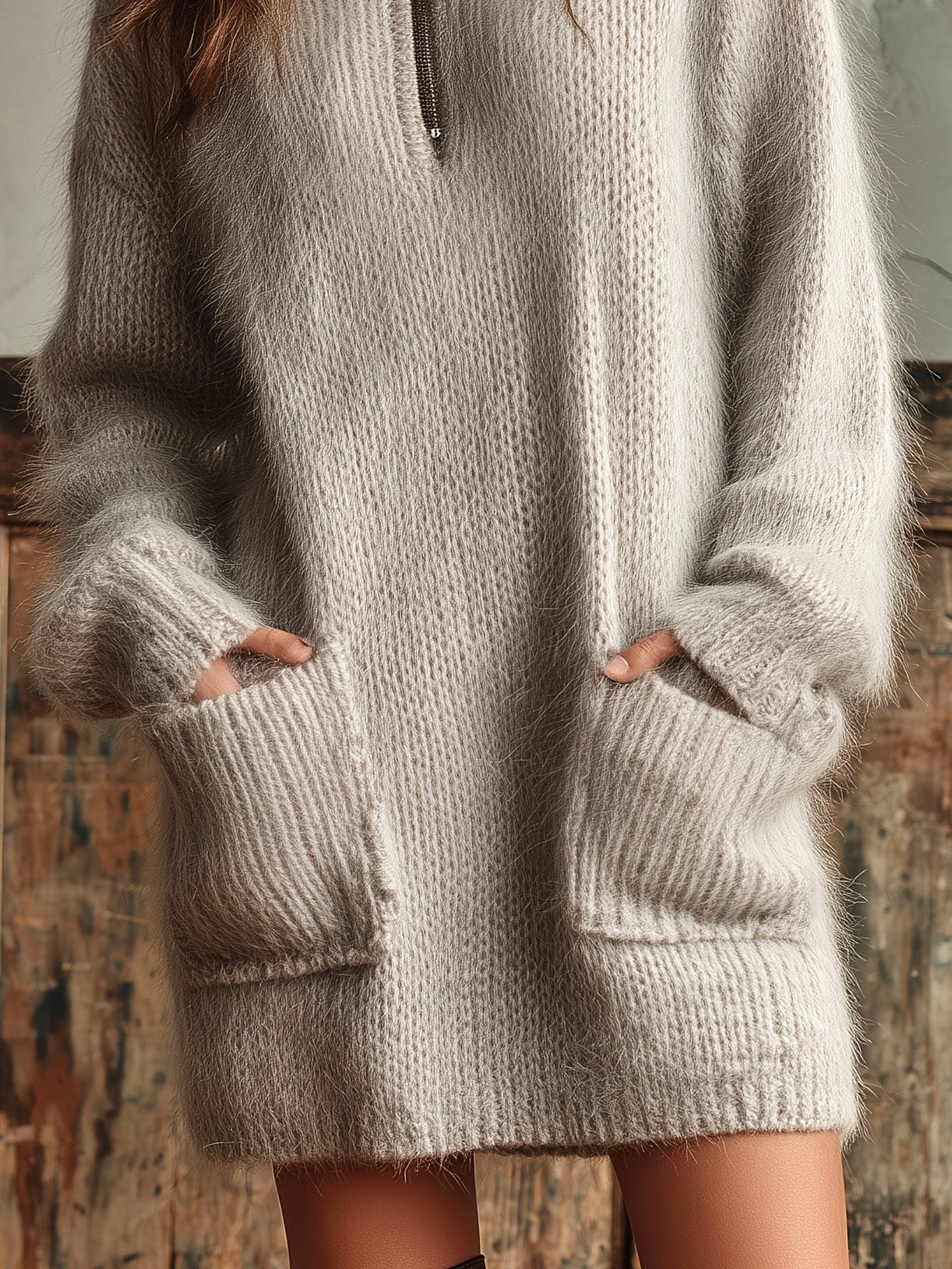 Half-Zip Collar Cozy Mohair Sweater Dress With Pockets