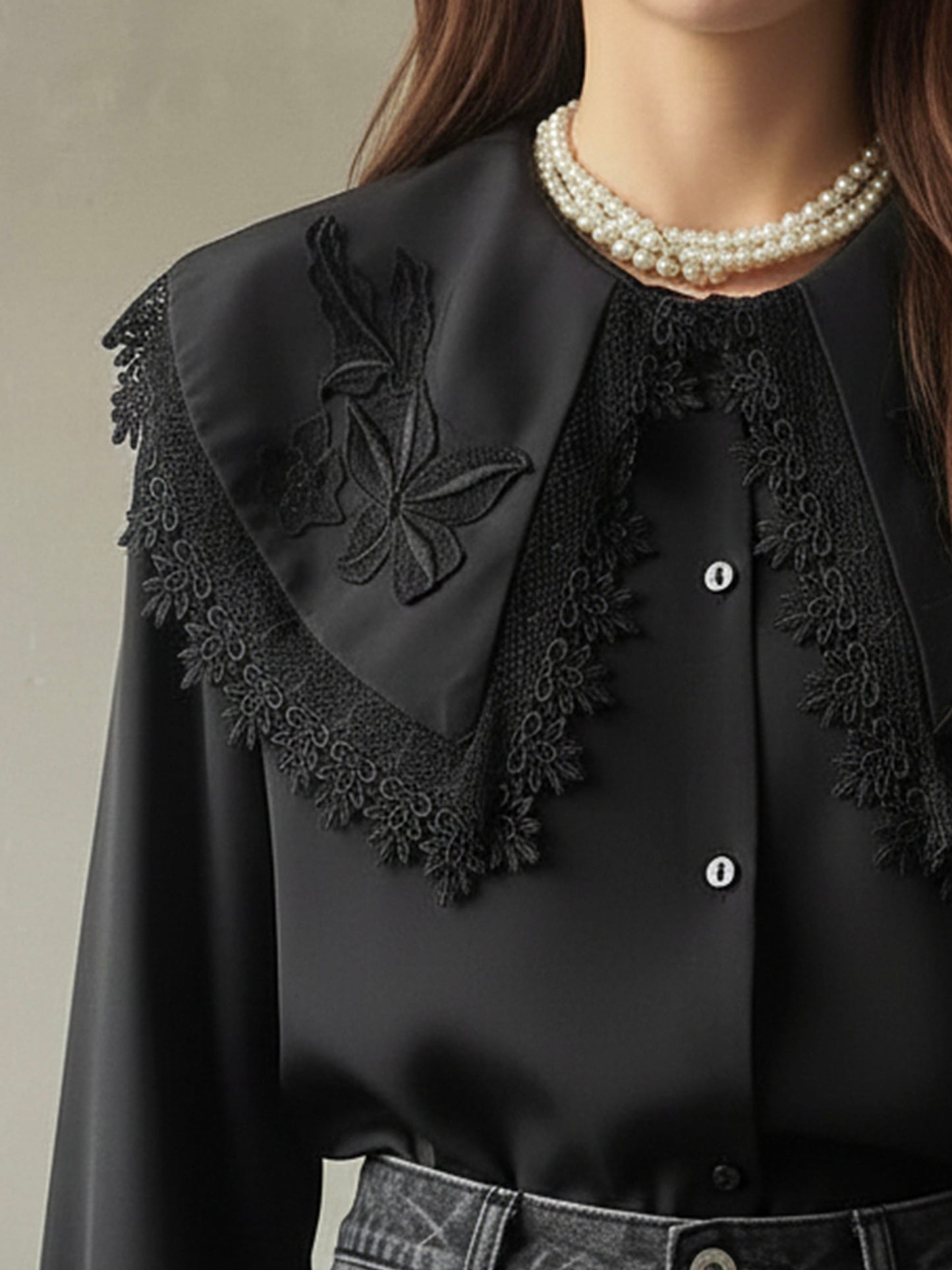 Elegant Black Embroidered Lace Collar Shirt