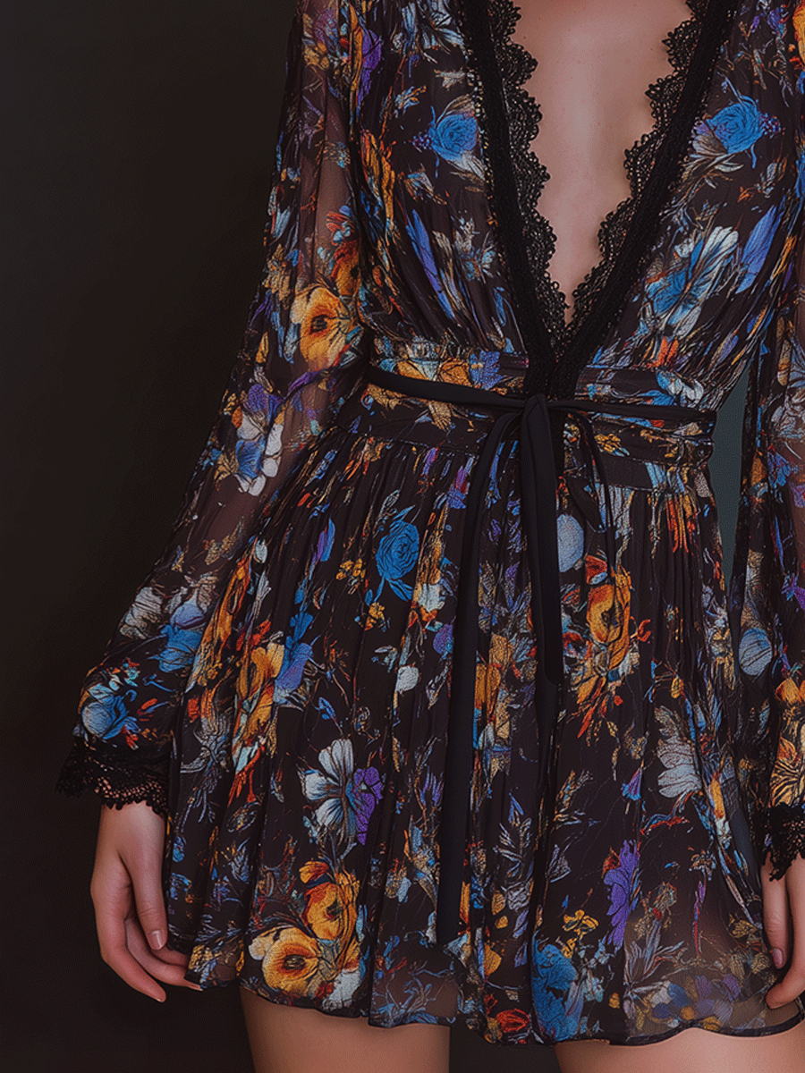 Boho Sheer Romance Midnight Floral Mini Dress