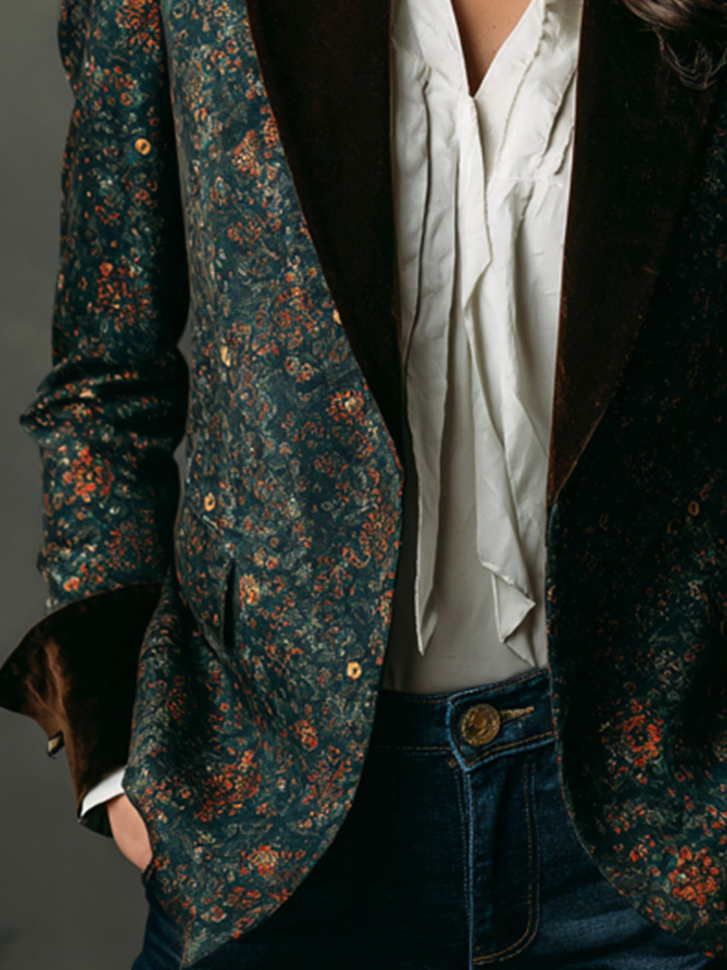 Vintage Emerald Floral Print Blazer With Velvet Lapels