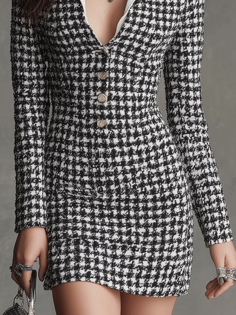 Elegant Black And White Houndstooth Fitted Blazer Mini Dress
