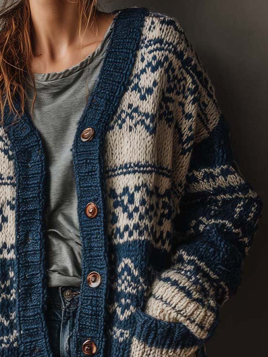 Retro Colorblock Chunky Knit Cardigan