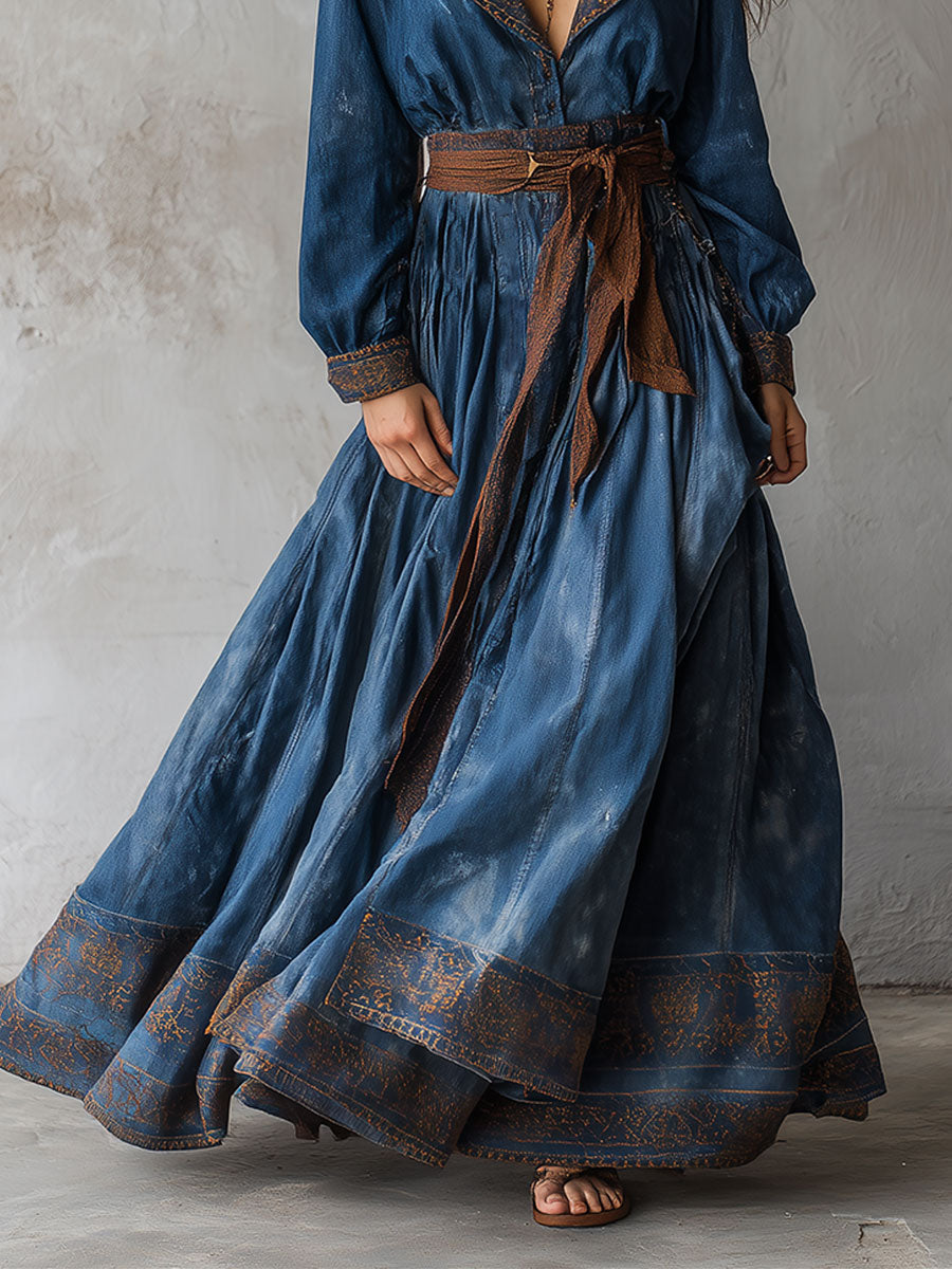 Retro Washed Printed Lapel Denim Maxi Dress