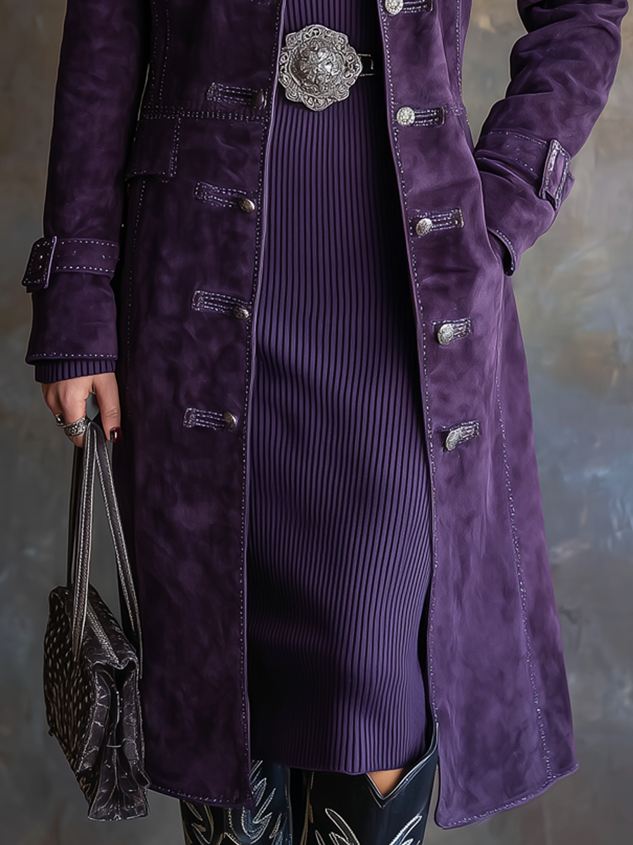 Vintage Flap Pockets Contrast Stitching Polyester Suede Coat