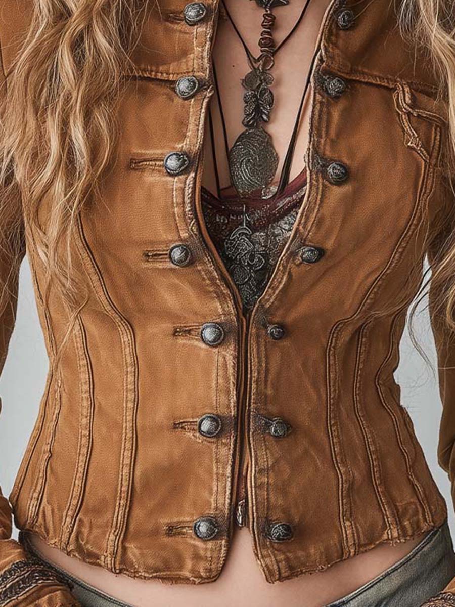 Bohemian Style Practical Washed Double-breasted Short Jacket