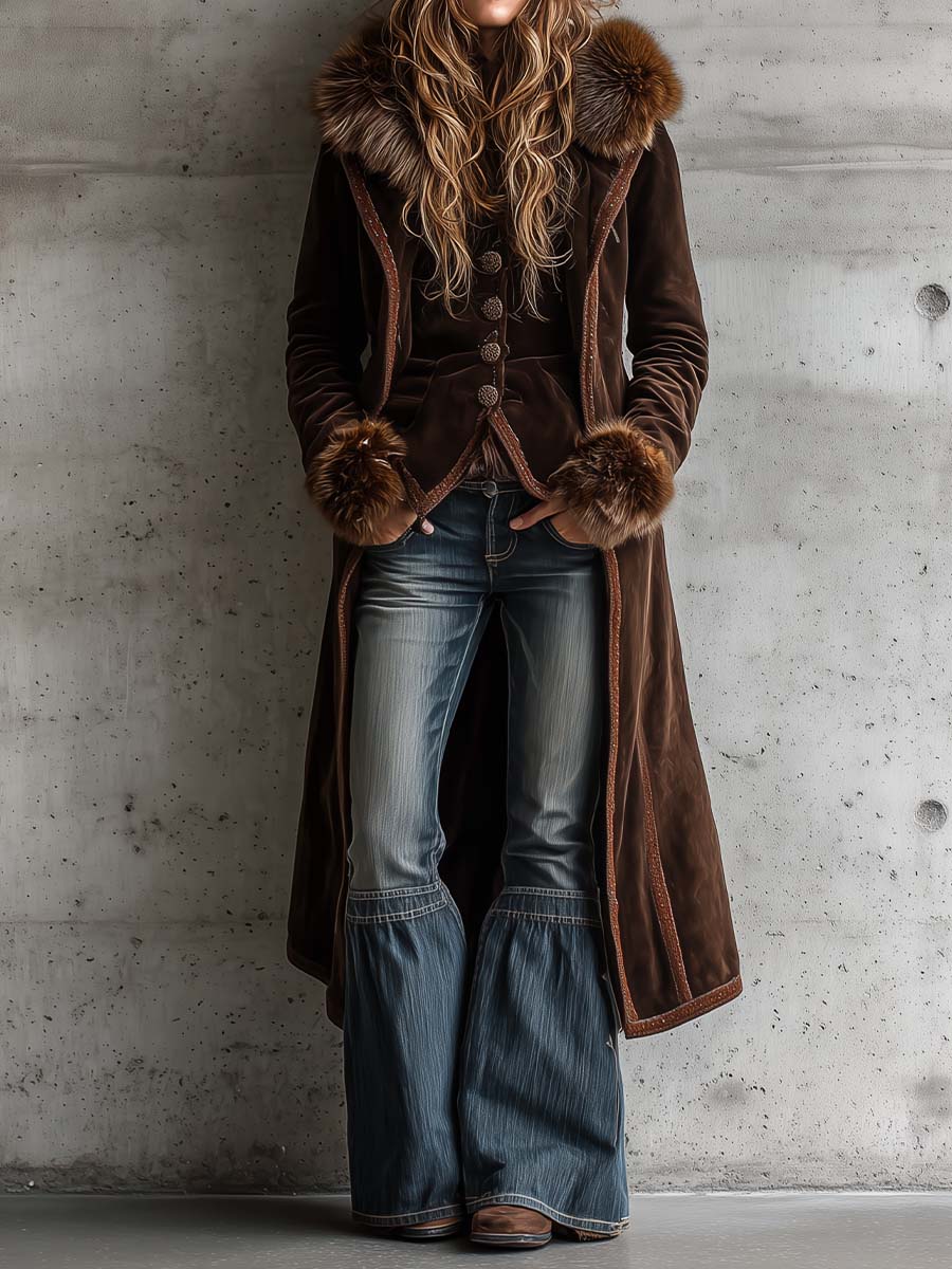 Brown Microfiber Suede Maxi Coat With Faux Fur Trim