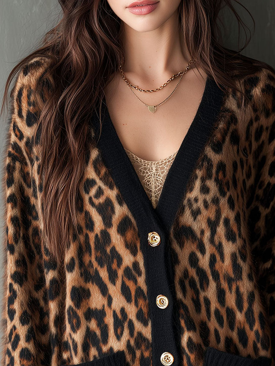 Chic Leopard Print Gold Buttons Oversized Fuzzy Knit Cardigan
