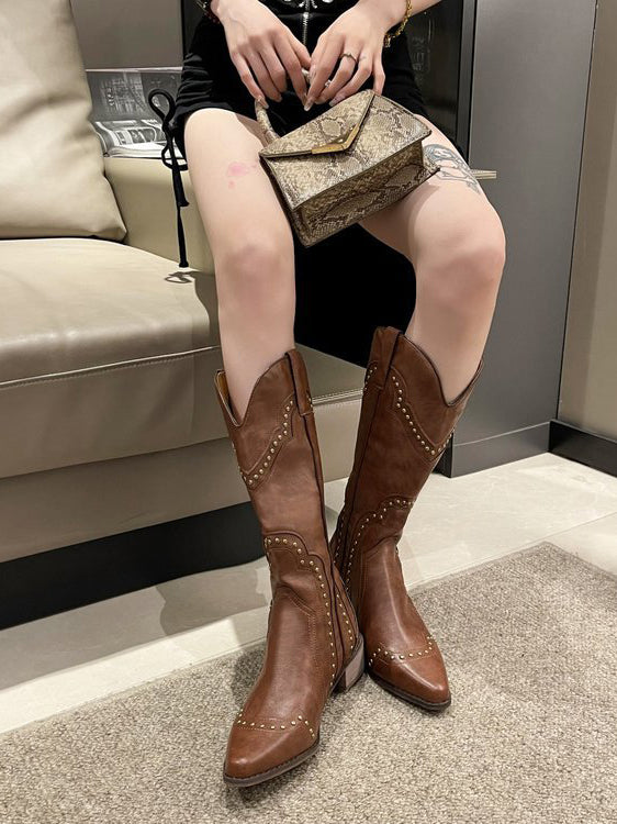 Retro Rivet Western Cowboy Boots V-neck Pointed Toe Thick Heel High-top Knee-high Knight Boots