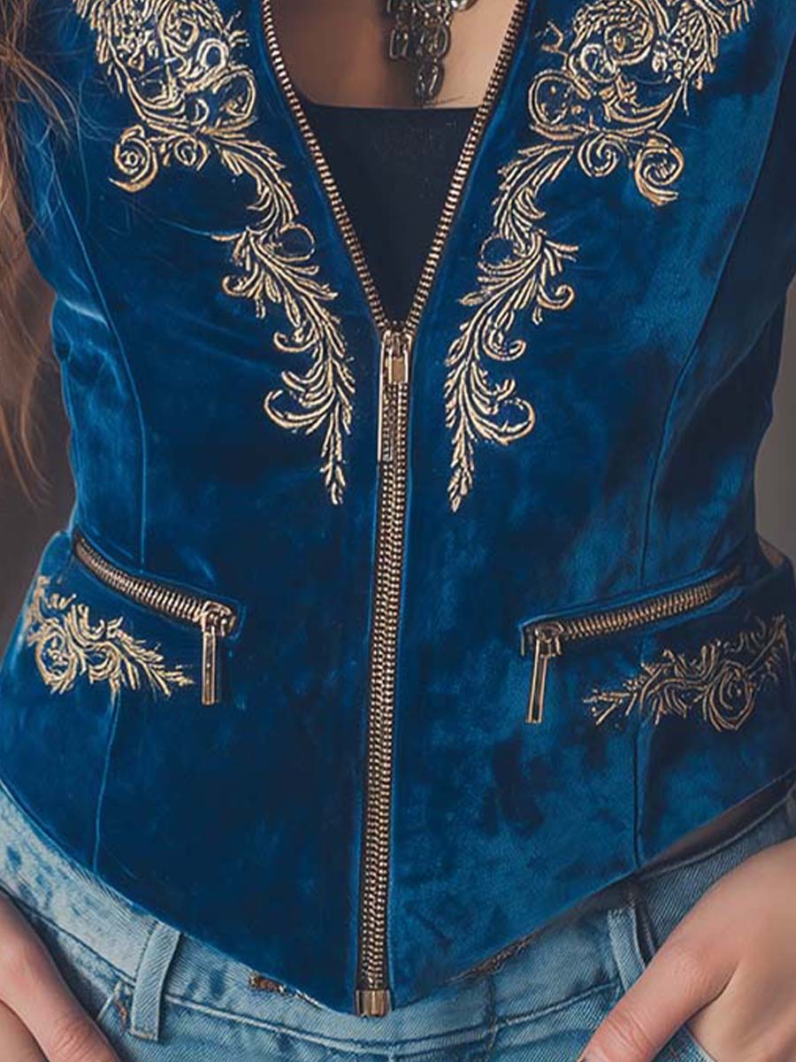 Zippered Boho Royal Blue Embroidered Velvet Vest