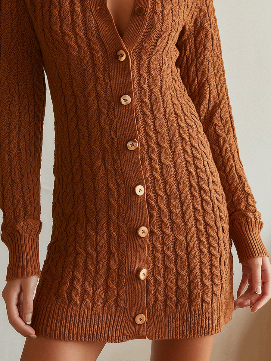Caramel Cable Knit Button-Down Mini Dress