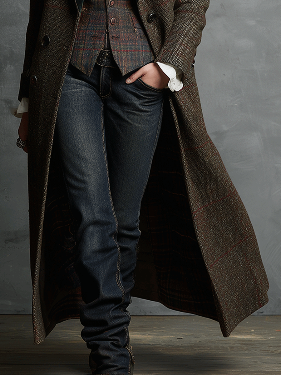 Heritage Vintage Tailored TweedVelvet Collar Detail Long Coat