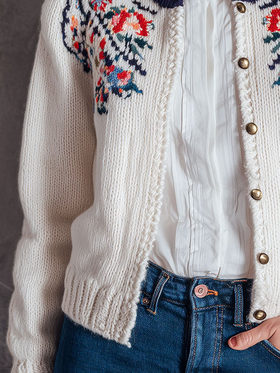 Floral Yoke Embroidery White Knit Cardigan With Navy Collar