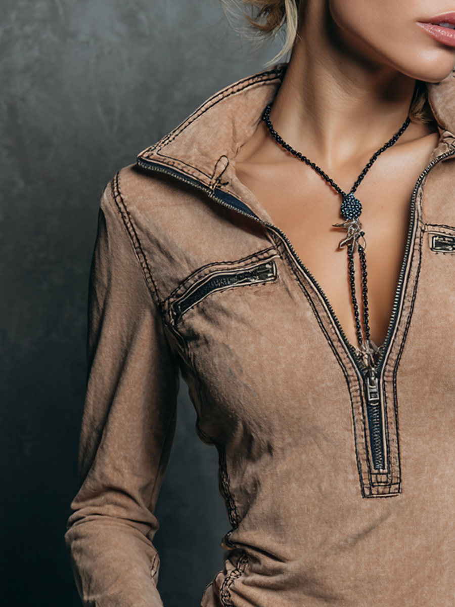 Retro Half Zip Collar Pocket Blouse