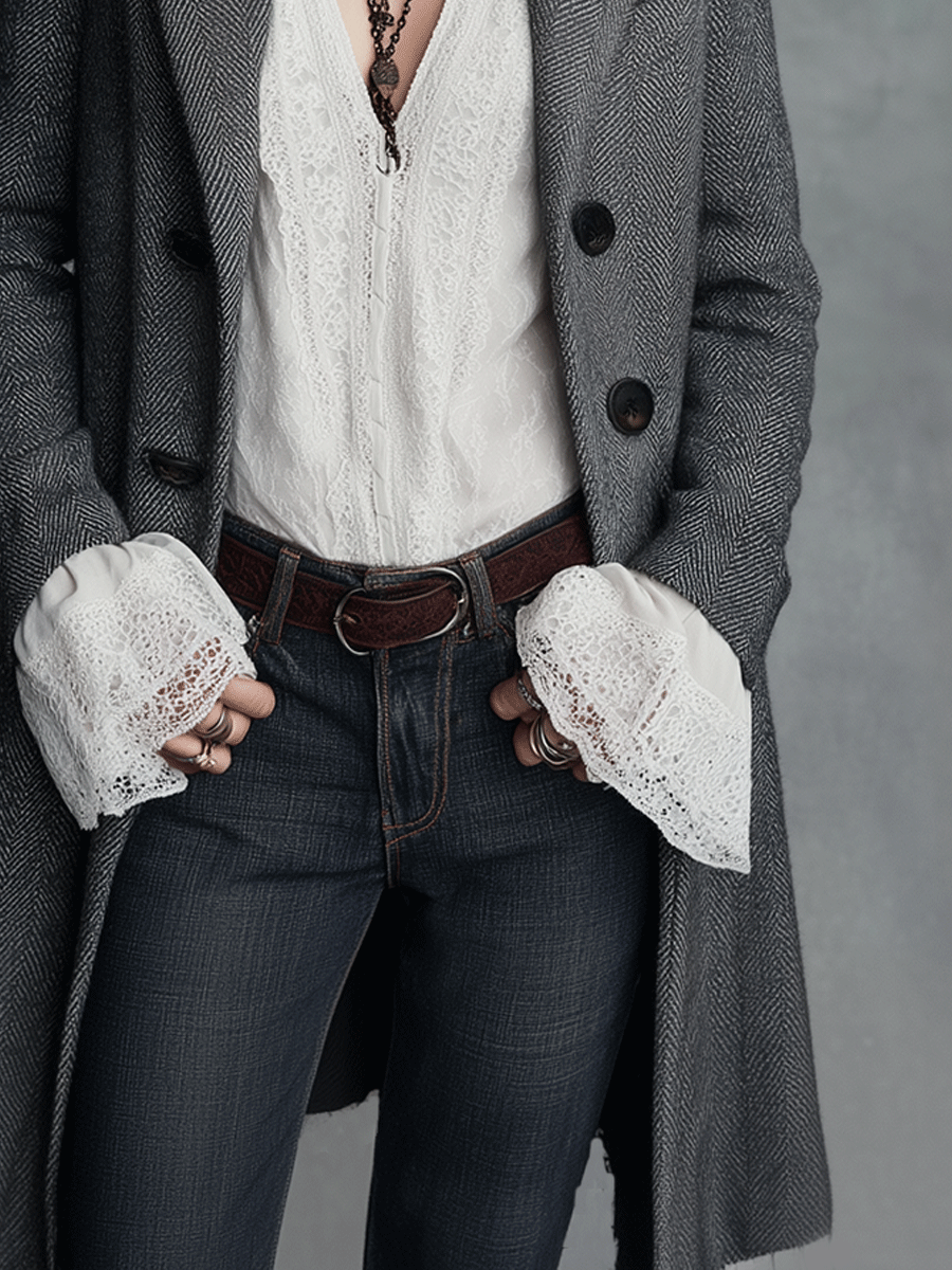 Classic Grey Herringbone Wool Blend Double-Breasted Long Coat