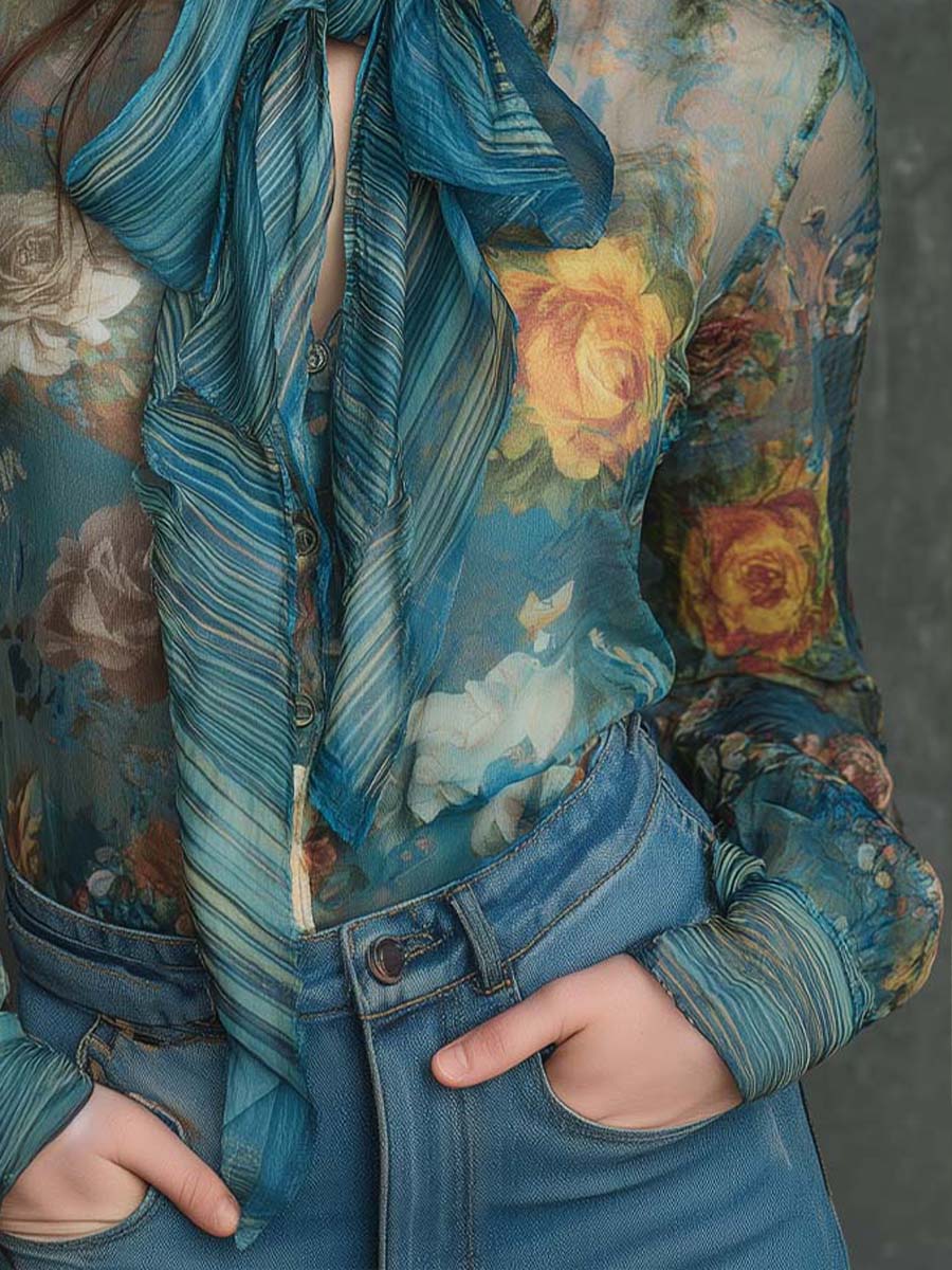 Vintage Romantic Floral Sheer Bow Blouse