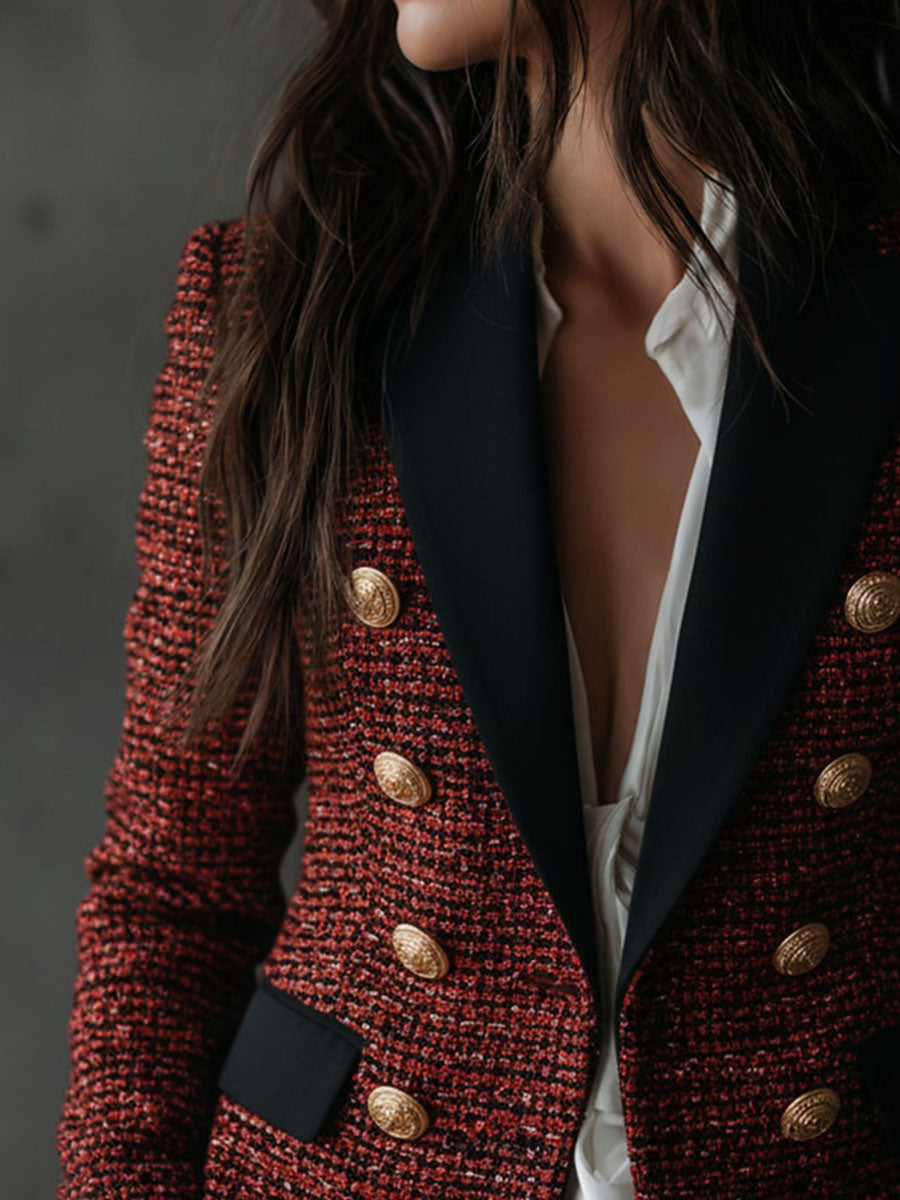 Retro Black Lapel Rust Tweed Double-Breasted Blazer