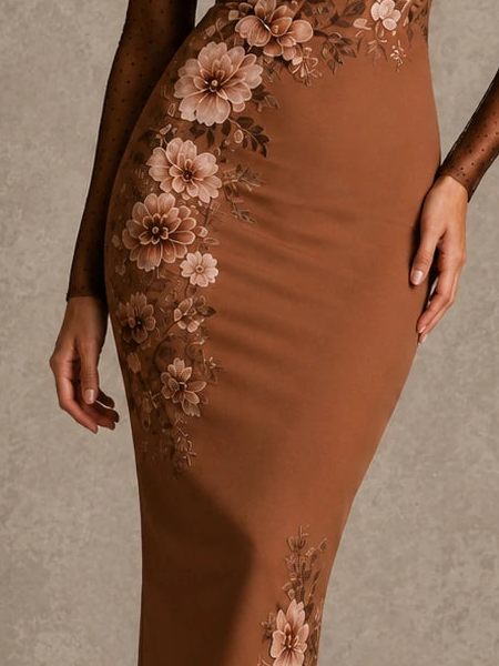 Vintage Floral Print Polka Dot Mesh Long Sleeve Bodycon Midi Dress