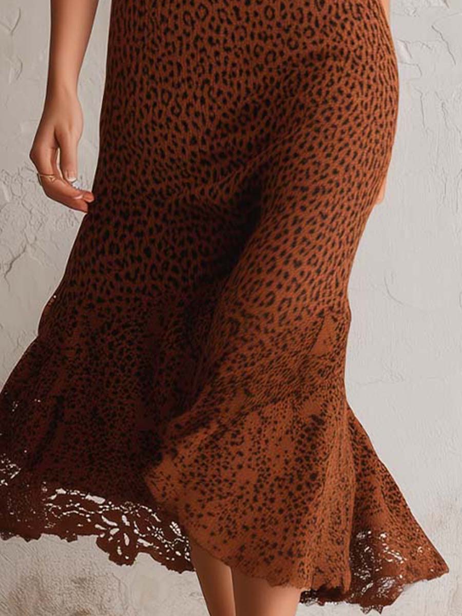 Classic Retro Belted Animal Print Sweater Midi Dress