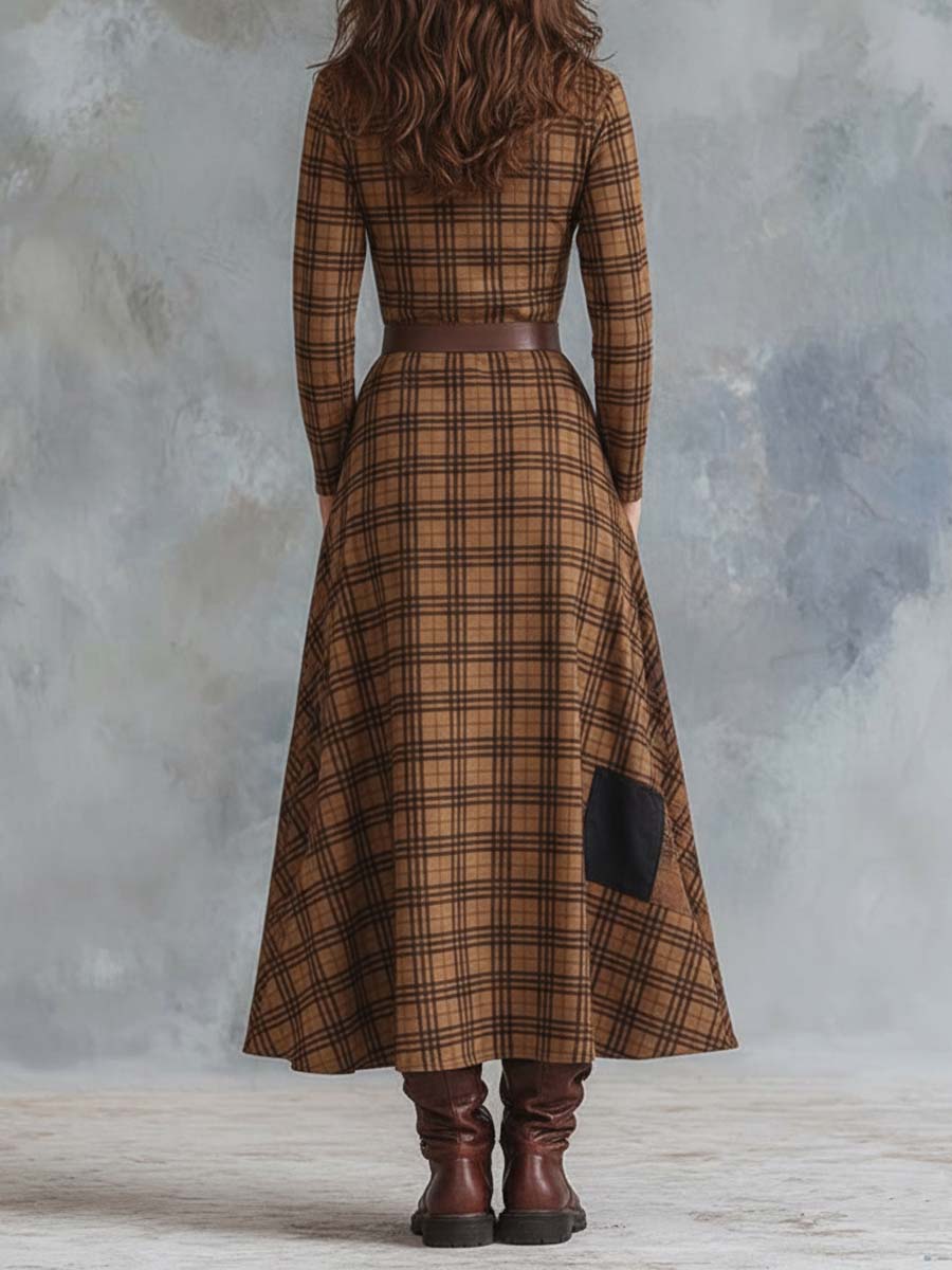 Sudan Brown Printed Suede-Effect Plaid Maxi Dress