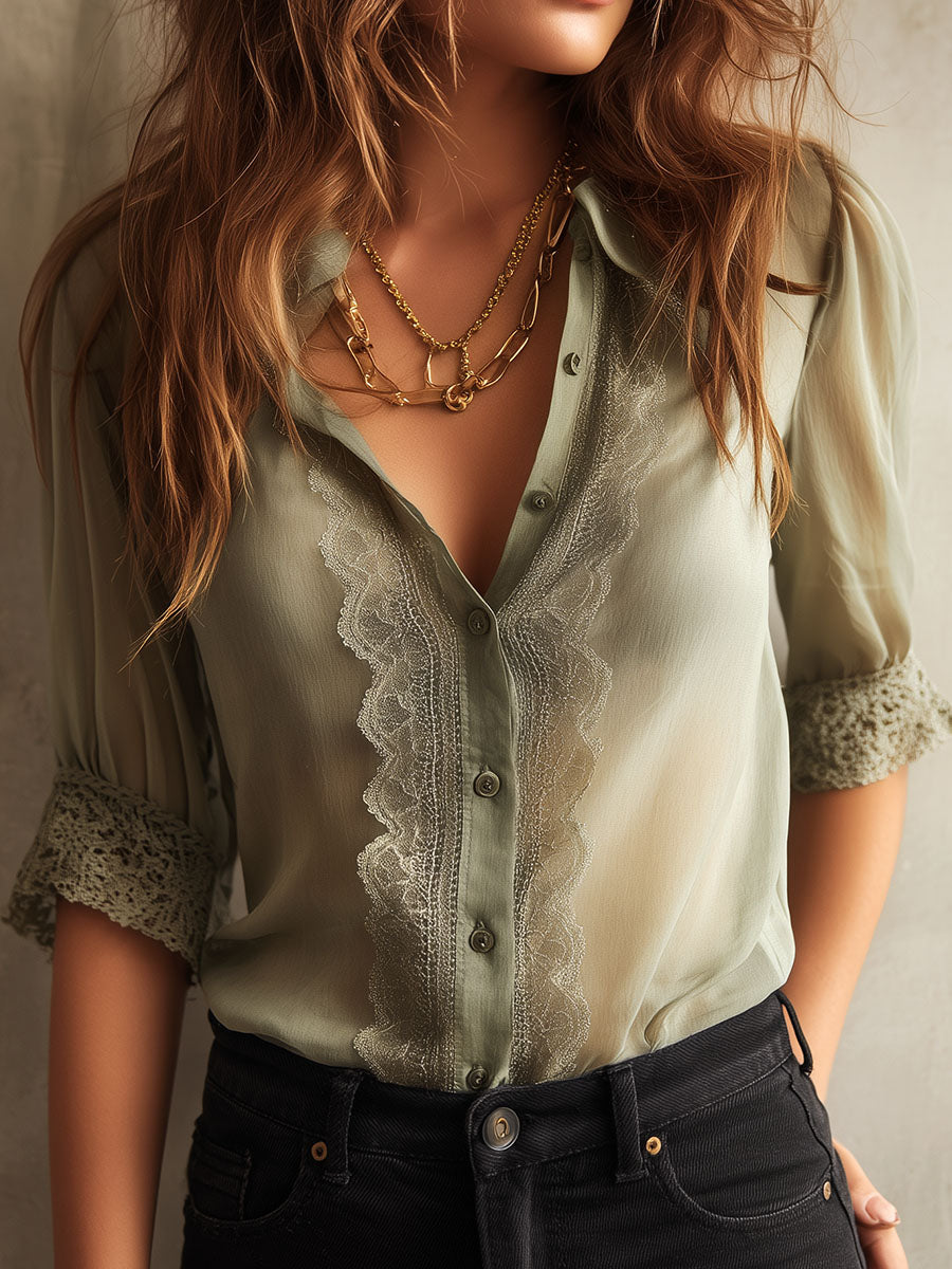Romantic Sage Green Three-quater Sleeves Sheer Lace Blouse