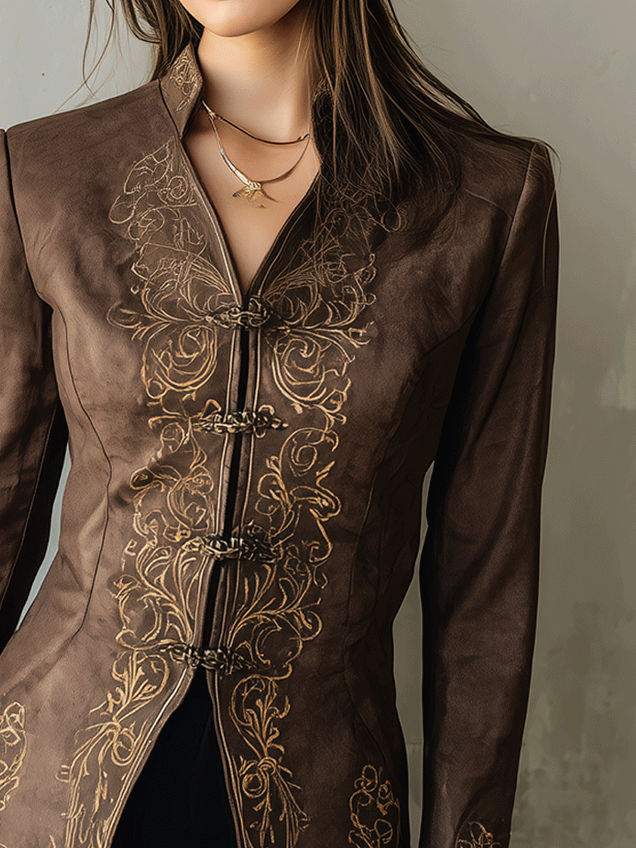 Vintage Brown Embroidered High-Collar Tailored Blouse
