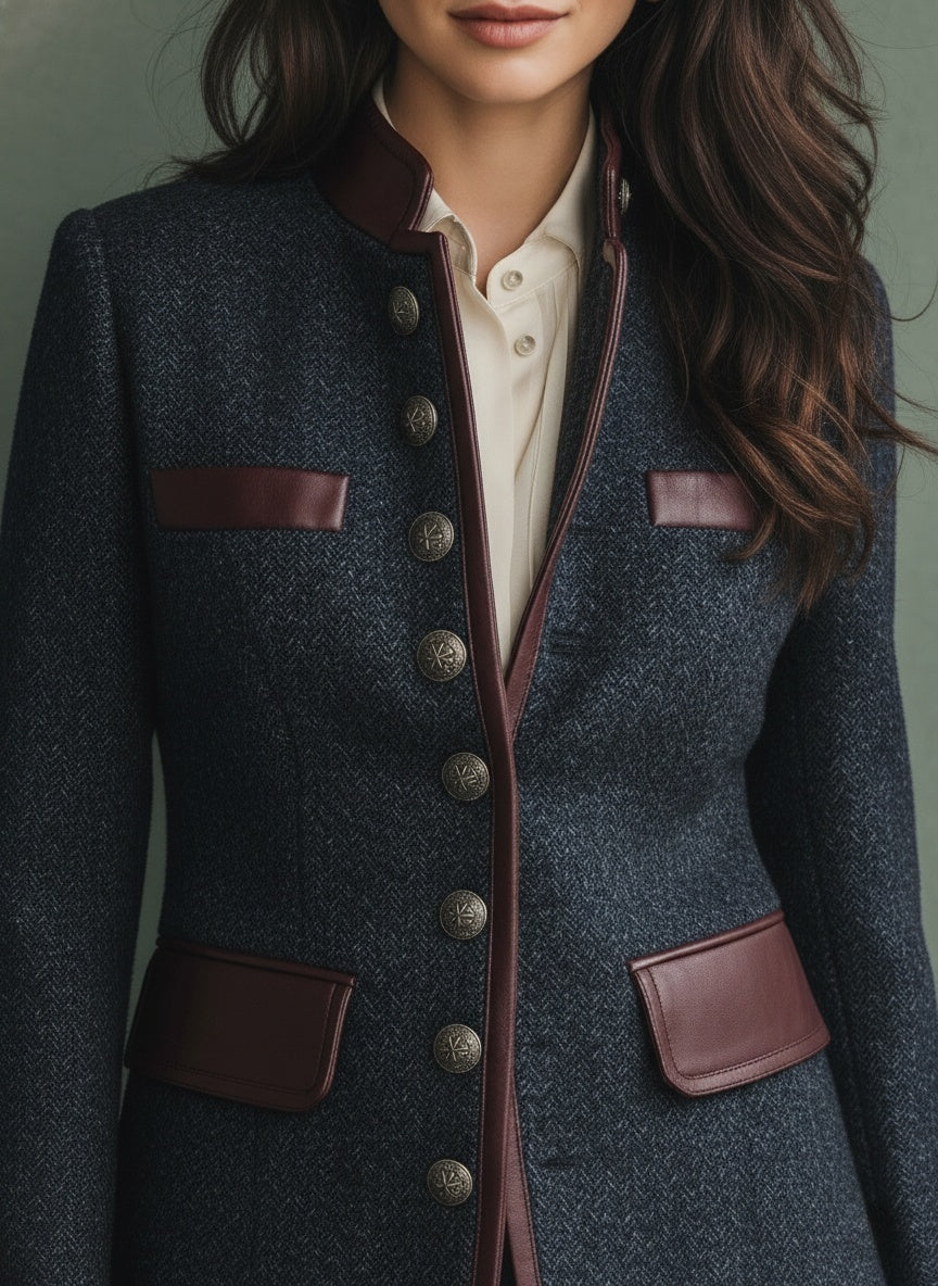 Navy Tweed Military-Style Jacket with Faux Leather Trim