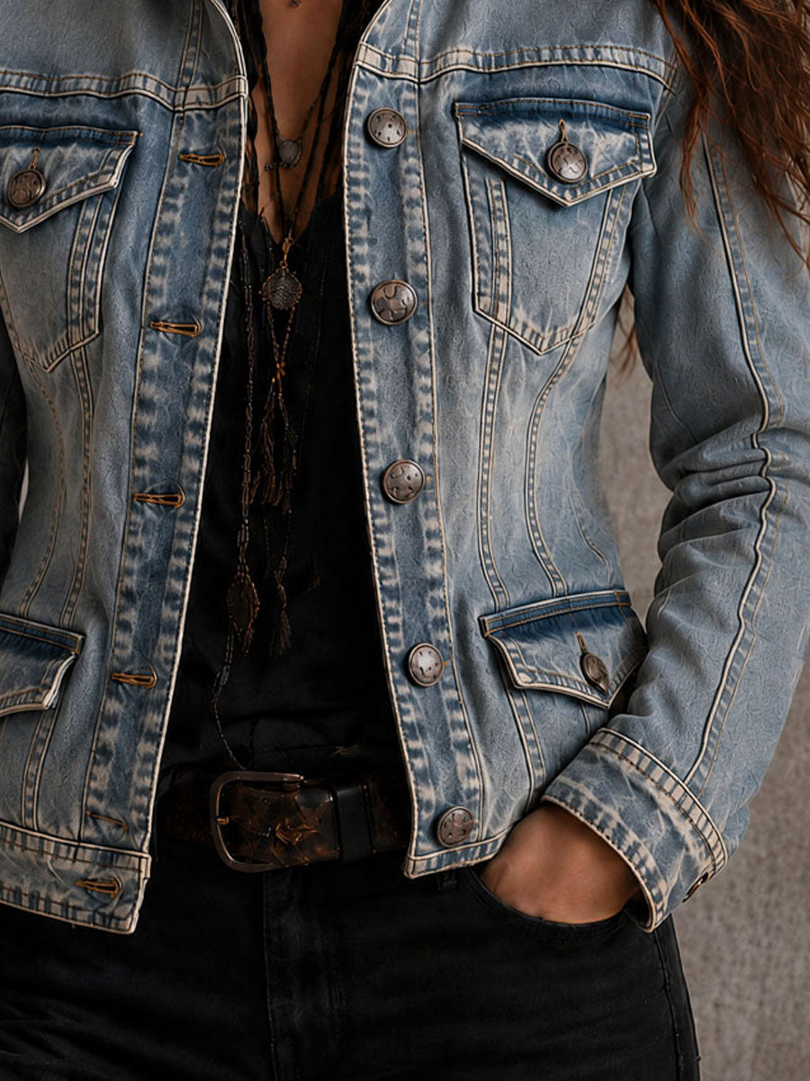 Vintage Distressed Washed Denim Collar Tailored Jacket