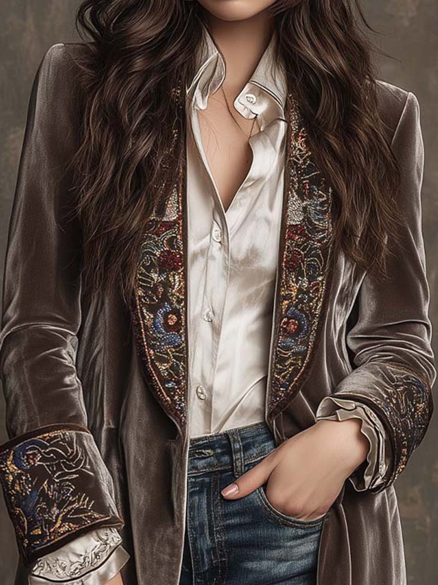 Taupe Mist Embroidered Polyester Velvet Long Blazer