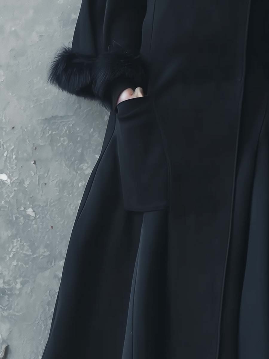 Black Wool-Blend Maxi Coat With Detachable Fur Collar
