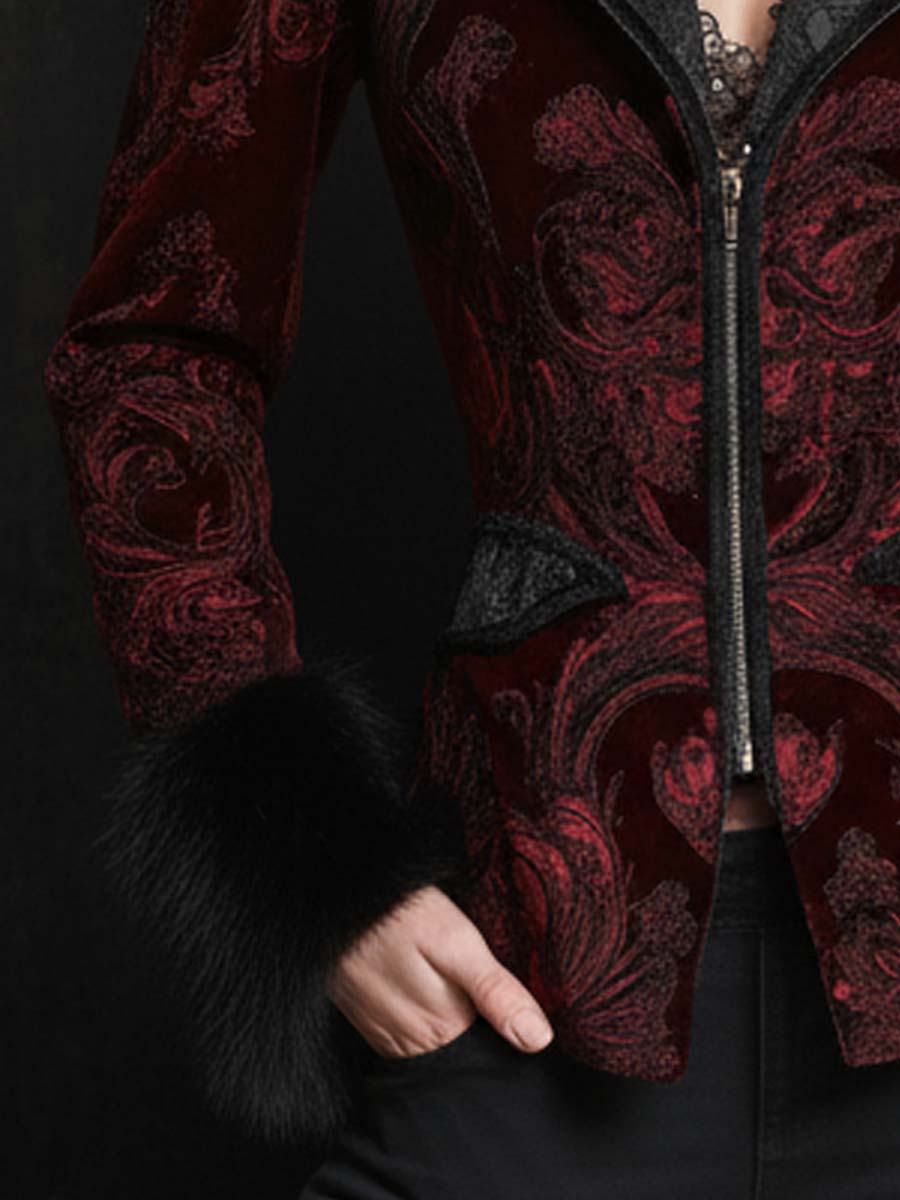 Burgundy Velvet Jacquard Jacket With Faux Fur Cuffs – Baroque Luxury