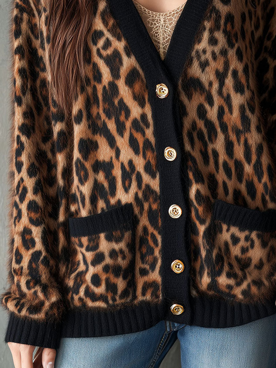 Chic Leopard Print Gold Buttons Oversized Fuzzy Knit Cardigan