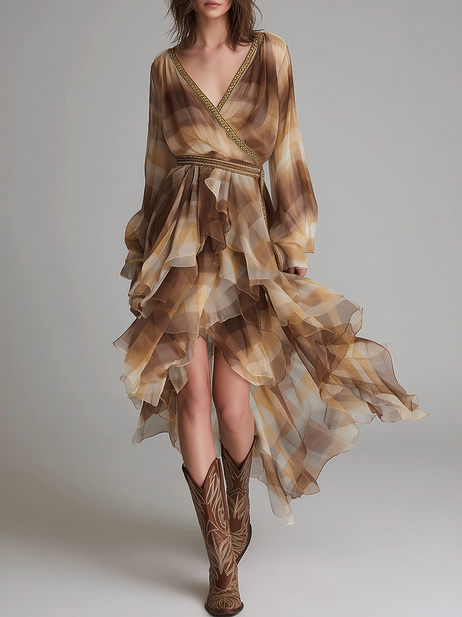 Casual V-Neck Multi-Layered Earth-Tone Check Ruffled Chiffon Midi Dress